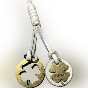 LUCKY BRAND Long White Leather Strap Loop 2 Brass FOB BAG CHARMS KEYCHAIN H…